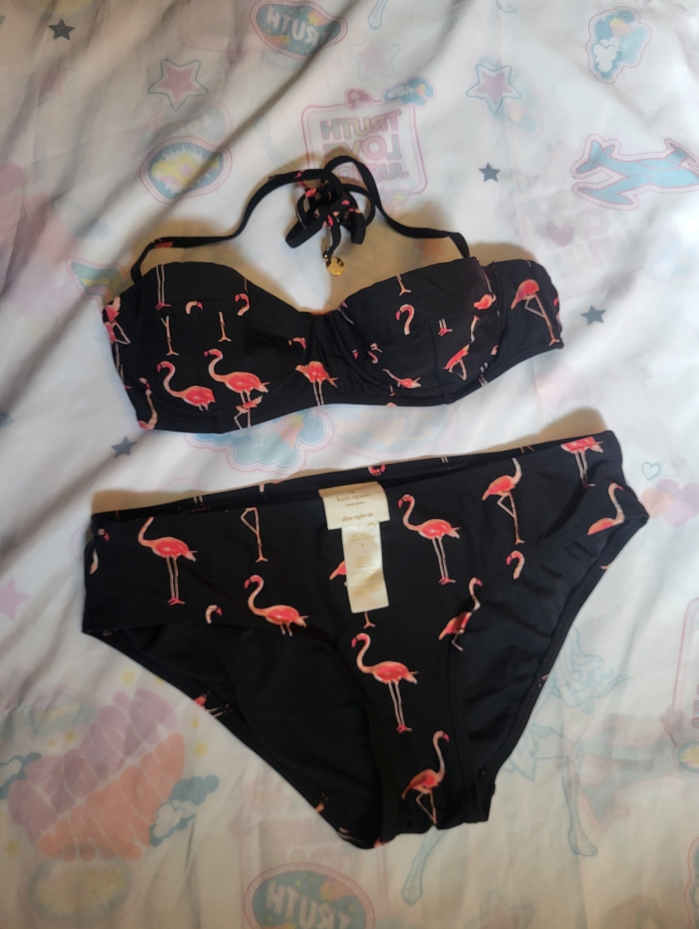 Kate Spade Black Bikini with Pink Flamingo Print Small